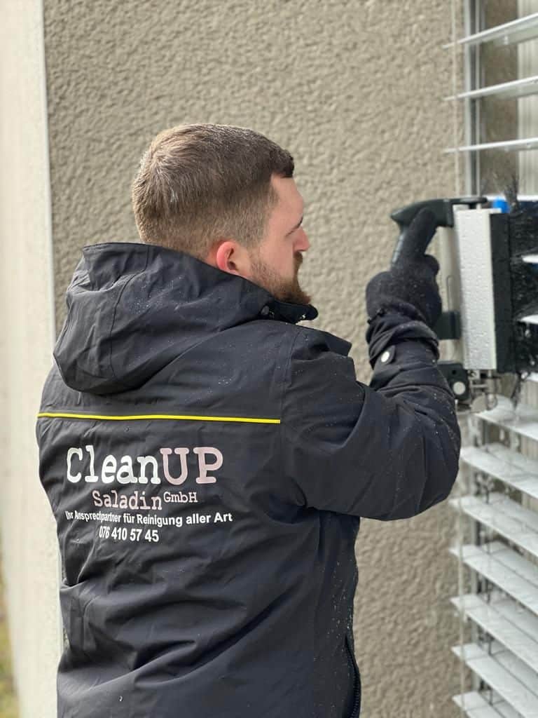 Fachgerechte Reinigung von Lamellenstoren an einem Gebäude