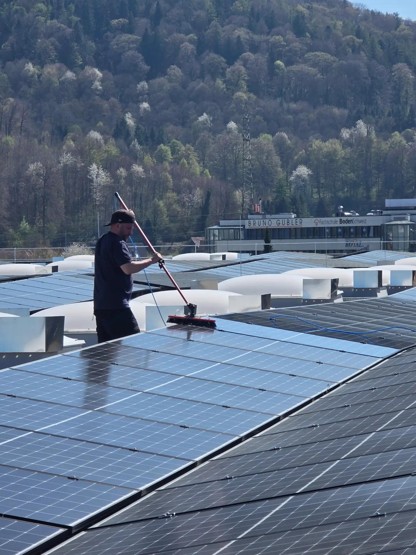 Solarreinigung einer Photovoltaikanlage in Oberentfelden mit Teleskopbürste
